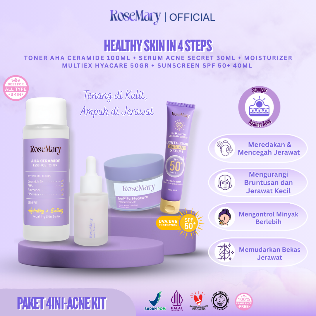[FREE GIFT] Paket Anti Acne Skincare ROSEMARY | Bundle Serum Moisturizer Gel Toner Sunscreen Cream Wajah ESSENCE CERAH BEBAS JERAWAT MINYAK SENSITIF KOMEDO IRITASI MERAH KUSAM NODA HITAM GLASS