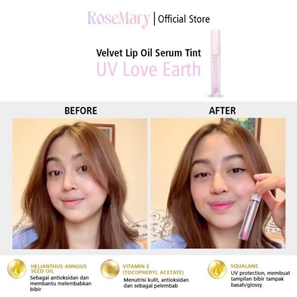 Rosemary Velvet Lip Oil Serum Tint UV Love Earth VITAMIN PELEMBAB GLOSSY CEGAH KERING NATURAL DAILY LOOK TAHAN LAMA Lip Serum - Image 8