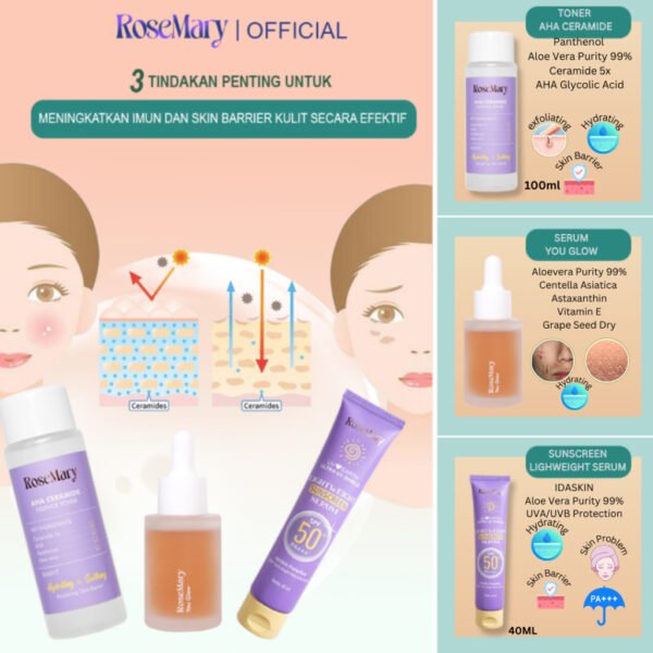 ROSEMARY-3pcs Paket-Skincare Set UV FRIENDLY Serum Moisturizer Gel Toner Sunscreen Day Night Cream BRIGHTENING Noda Hitam Barrier Lembut Acne Anti Aging Kulit Mati Minyak Gatal - Image 6