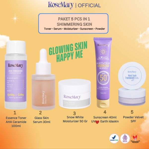 ROSEMARY- 5 Pcs Paket-Skincare Glowing Bundle Serum Moisturizer Gel Toner Sunscreen Powder Cream ACNE Bruntusan Brightening Kusam Radang Merah Minyak Komedo Regenerasi Halus Fresh Sleeping Mask Noda Hitam - Image 9