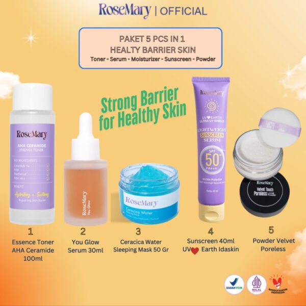 ROSEMARY- 5 Pcs Paket-Skincare Glowing Bundle Serum Moisturizer Gel Toner Sunscreen Powder Cream ACNE Bruntusan Brightening Kusam Radang Merah Minyak Komedo Regenerasi Halus Fresh Sleeping Mask Noda Hitam - Image 8