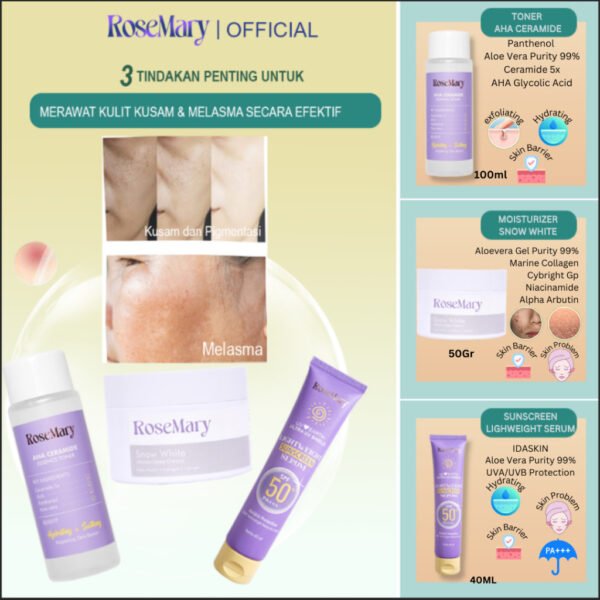 ROSEMARY-3pcs Paket-Skincare Set UV FRIENDLY Serum Moisturizer Gel Toner Sunscreen Day Night Cream BRIGHTENING Noda Hitam Barrier Lembut Acne Anti Aging Kulit Mati Minyak Gatal - Image 4