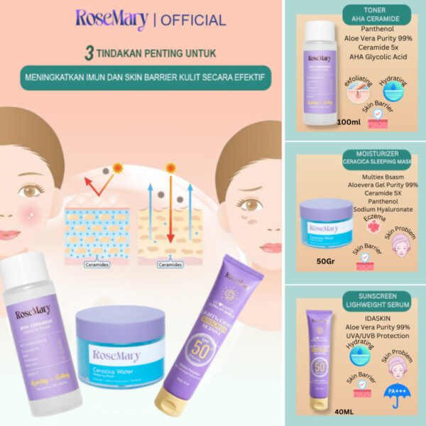 ROSEMARY-3pcs Paket-Skincare Set UV FRIENDLY Serum Moisturizer Gel Toner Sunscreen Day Night Cream BRIGHTENING Noda Hitam Barrier Lembut Acne Anti Aging Kulit Mati Minyak Gatal - Image 7