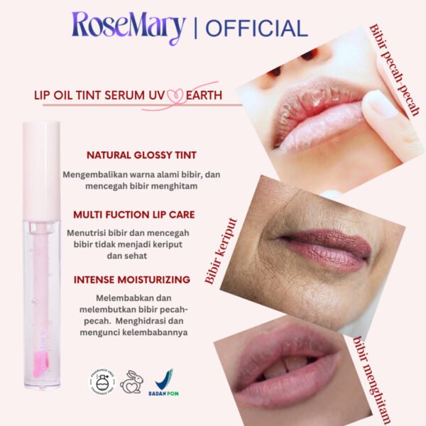 Rosemary Velvet Lip Oil Serum Tint UV Love Earth VITAMIN PELEMBAB GLOSSY CEGAH KERING NATURAL DAILY LOOK TAHAN LAMA Lip Serum - Image 6
