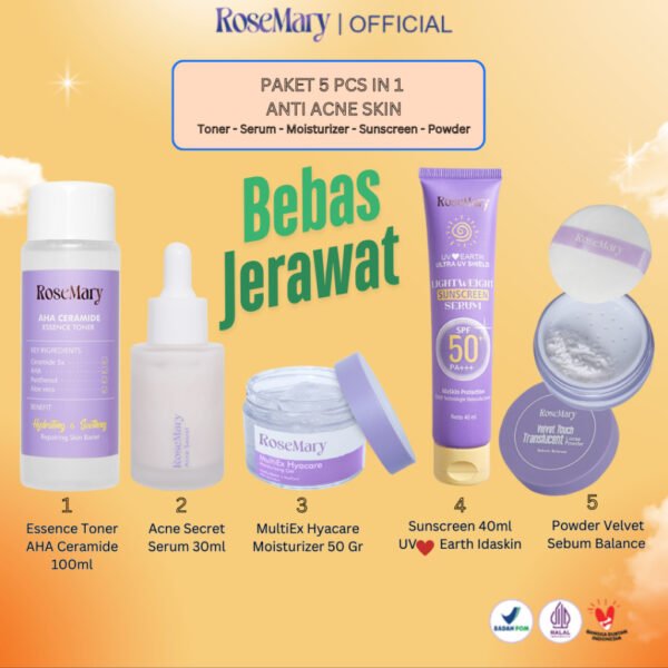 ROSEMARY- 5 Pcs Paket-Skincare Glowing Bundle Serum Moisturizer Gel Toner Sunscreen Powder Cream ACNE Bruntusan Brightening Kusam Radang Merah Minyak Komedo Regenerasi Halus Fresh Sleeping Mask Noda Hitam - Image 7