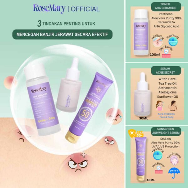 ROSEMARY-3pcs Paket-Skincare Set UV FRIENDLY Serum Moisturizer Gel Toner Sunscreen Day Night Cream BRIGHTENING Noda Hitam Barrier Lembut Acne Anti Aging Kulit Mati Minyak Gatal - Image 2