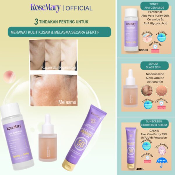 ROSEMARY-3pcs Paket-Skincare Set UV FRIENDLY Serum Moisturizer Gel Toner Sunscreen Day Night Cream BRIGHTENING Noda Hitam Barrier Lembut Acne Anti Aging Kulit Mati Minyak Gatal - Image 5