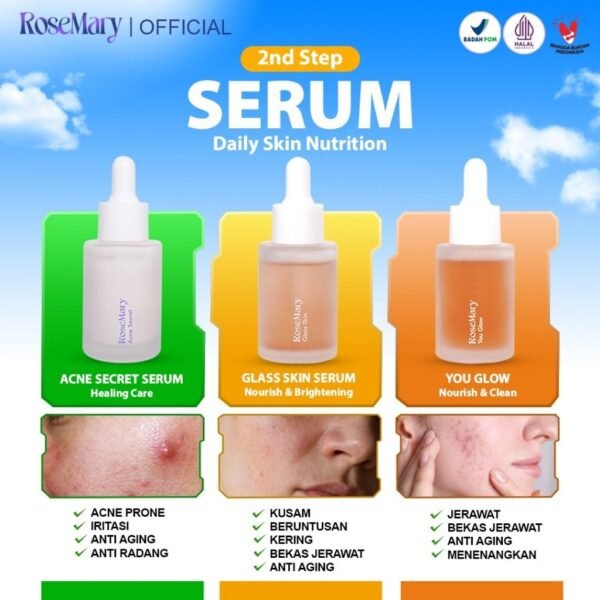 ROSEMARY- 5 Pcs Paket-Skincare Glowing Bundle Serum Moisturizer Gel Toner Sunscreen Powder Cream ACNE Bruntusan Brightening Kusam Radang Merah Minyak Komedo Regenerasi Halus Fresh Sleeping Mask Noda Hitam - Image 3