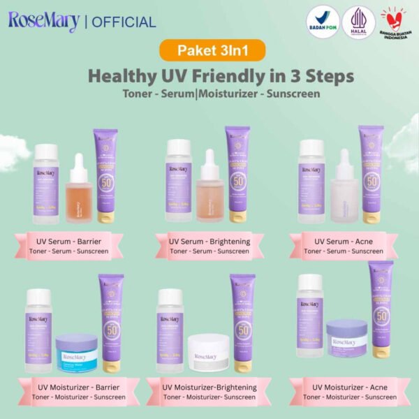 ROSEMARY-3pcs Paket-Skincare Set UV FRIENDLY Serum Moisturizer Gel Toner Sunscreen Day Night Cream BRIGHTENING Noda Hitam Barrier Lembut Acne Anti Aging Kulit Mati Minyak Gatal - Image 3