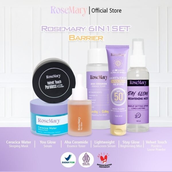 RoseMary 6in1 Skincare Set ACNE BRIGHTENING BARRIER - Toner Serum Moisturizer Sunscreen Powder Spray MAKE UP CEGAH JERAWAT CERAH KULIT GLOWING ANTI AGING REGENERASI TONE UP MASKER - Image 2