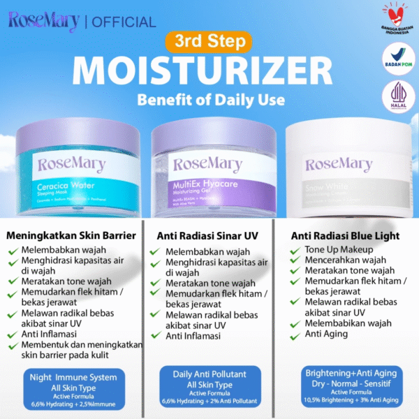 Rosemary Official Paket Brightening | Mencerahkan Glowing | Paket-Skincare Set | Toner | Serum | Moisturizer | Paket Perawatan Wajah GEL CREAM Jerawat Kemerahan Noda Hitam Cerah Skin Barrier - Image 4