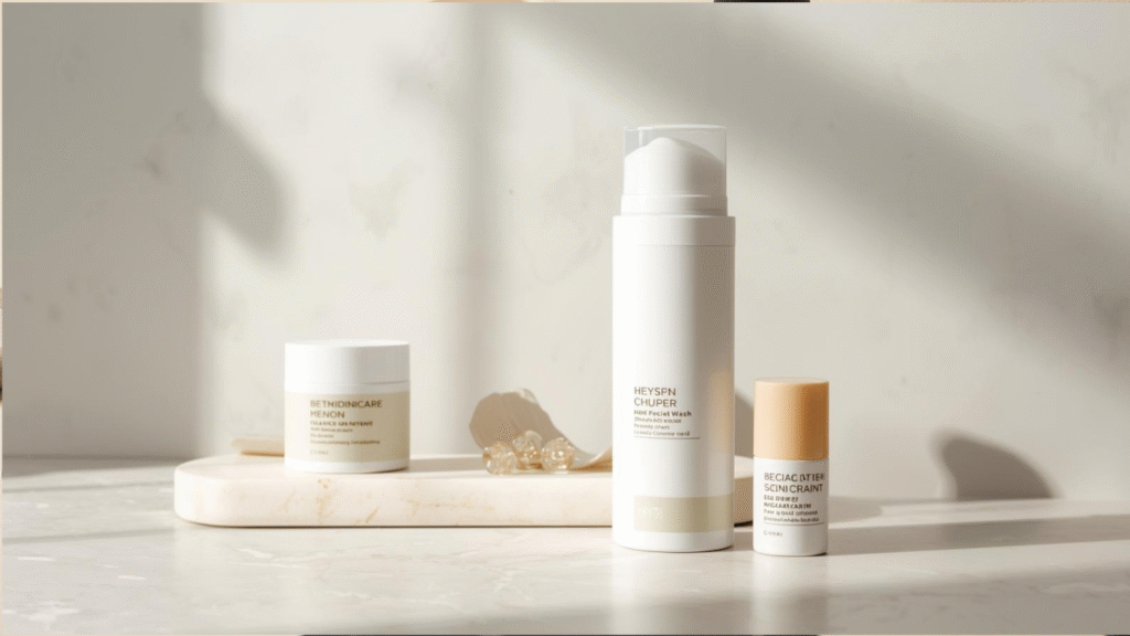skincare dasar (facial wash, moisturizer, sunscreen).