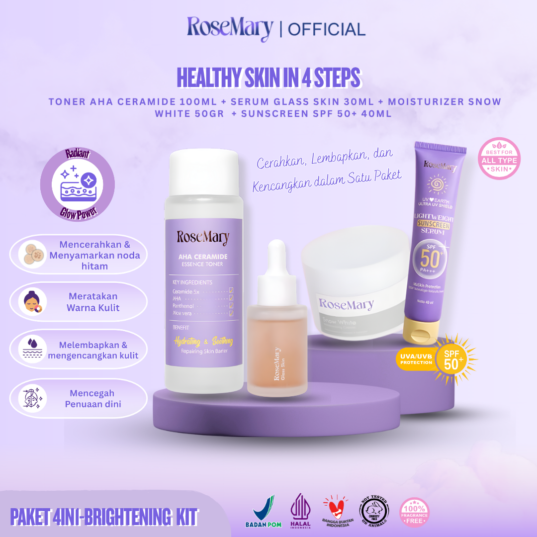 [FREE GIFT] Paket Brightening Skincare Rosemary Official |  Mencerahkan Glowing | Paket-Skincare Set | Toner | Serum | Moisturizer | Paket Perawatan Wajah GEL CREAM Jerawat Kemerahan Noda Hitam Cerah Skin Barrier